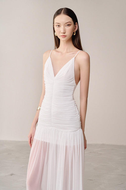 Belen Drop Waist Spaghetti Strap Organza Maxi Dress in white Avalabel