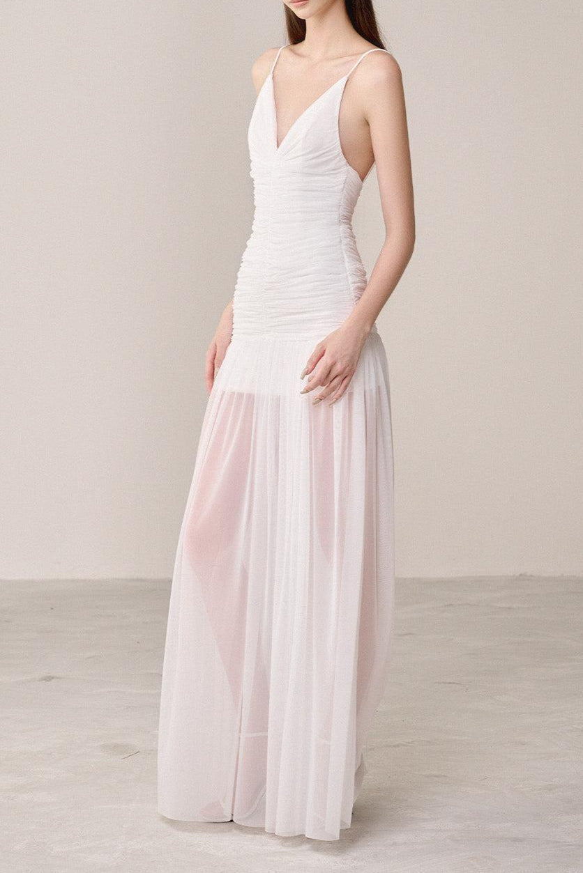 Belen Drop Waist Spaghetti Strap Organza Maxi Dress in white Avalabel