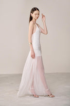 Belen Drop Waist Spaghetti Strap Organza Maxi Dress in white Avalabel