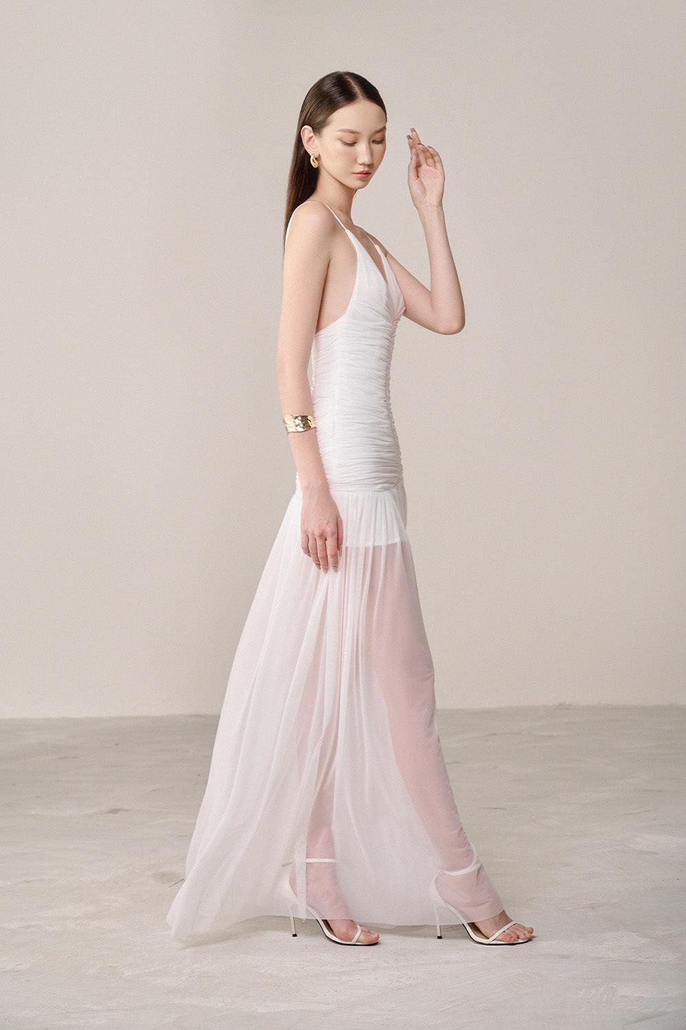 Belen Drop Waist Spaghetti Strap Organza Maxi Dress in white Avalabel