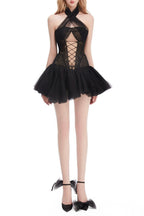 amelia Halter neck tube top with cross straps mini dress in black Avalabel