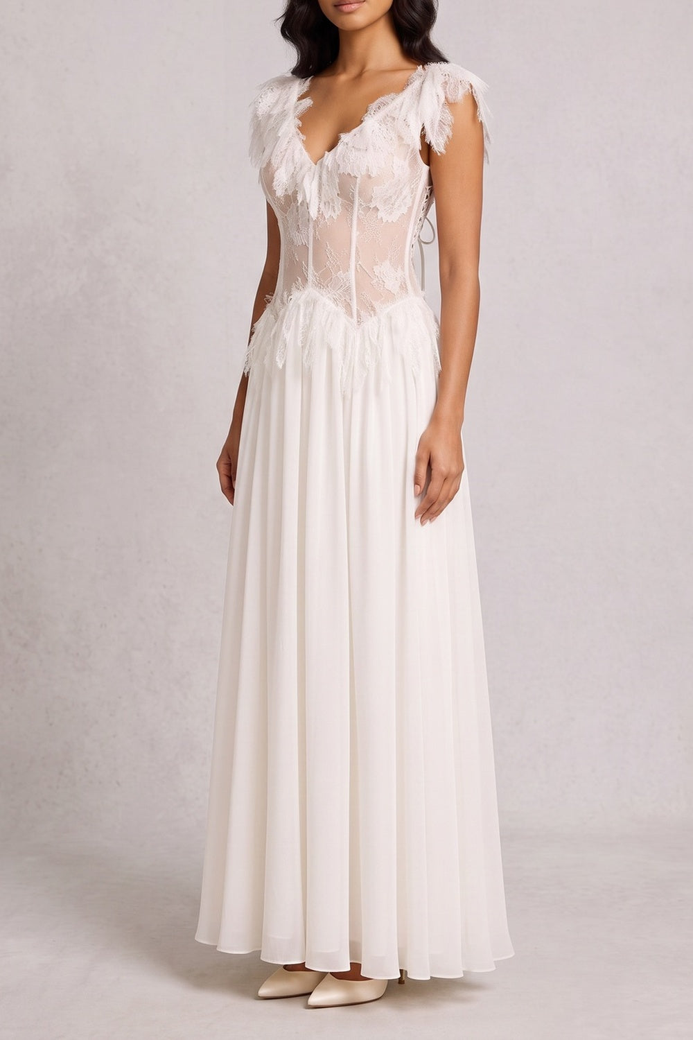 Off Shoulder 3D Floral Lace Corset Chiffon Maxi Dress poava