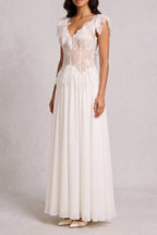 Off Shoulder 3D Floral Lace Corset Chiffon Maxi Dress poava
