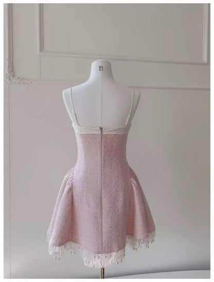 TWEED BOW MINI DRESS IN PINK