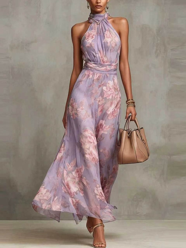 Polly Green Floral Chiffon Halter Maxi Dress Avalabel