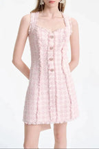 ophelia Pink square neck Tweed Trim mini Dress Avalabel