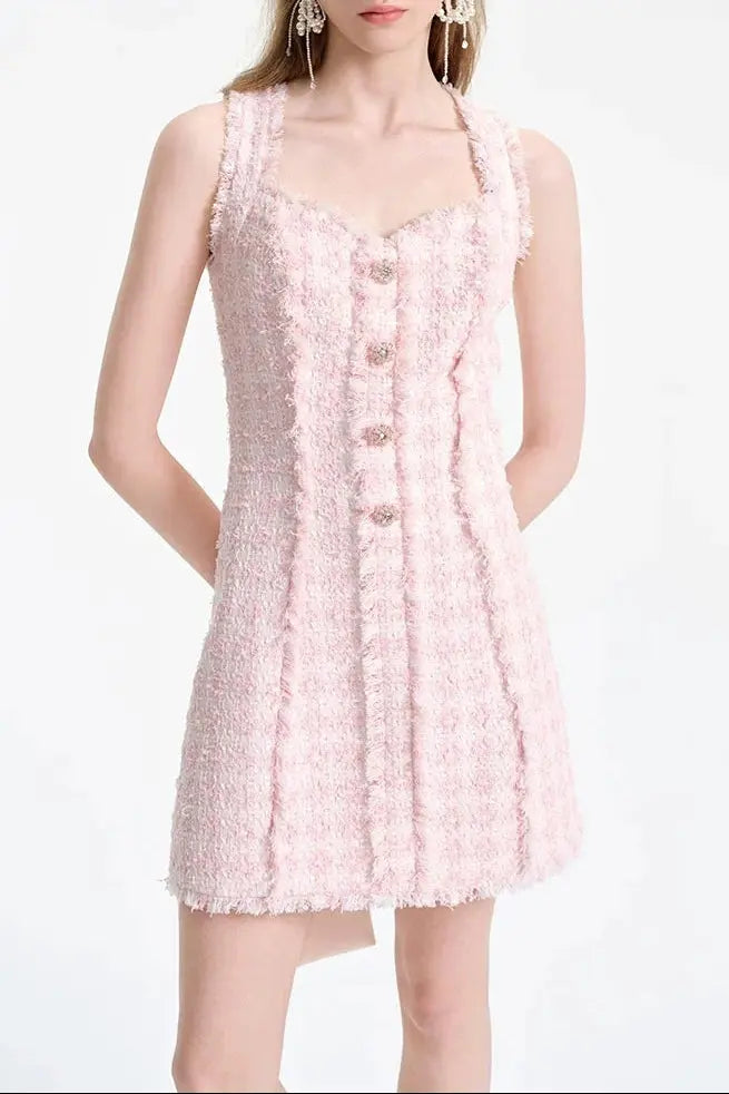 ophelia Pink square neck Tweed Trim mini Dress Avalabel
