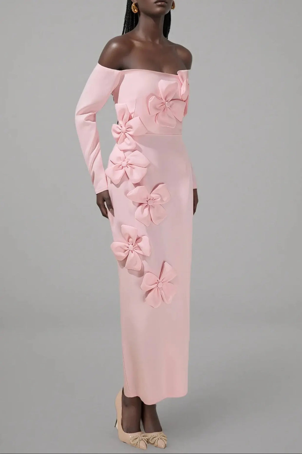 hilary Pink 3D Flower long sleeve strapless Midi Dress Avalabel