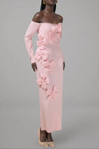 hilary Pink 3D Flower long sleeve strapless Midi Dress Avalabel
