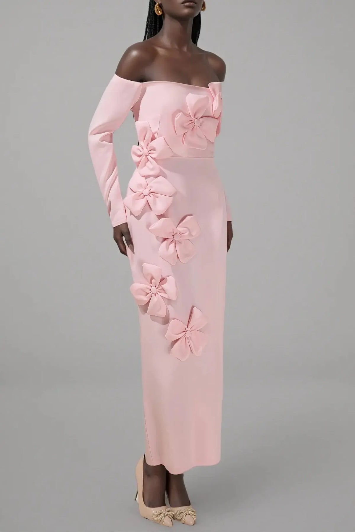 hilary Pink 3D Flower long sleeve strapless Midi Dress Avalabel