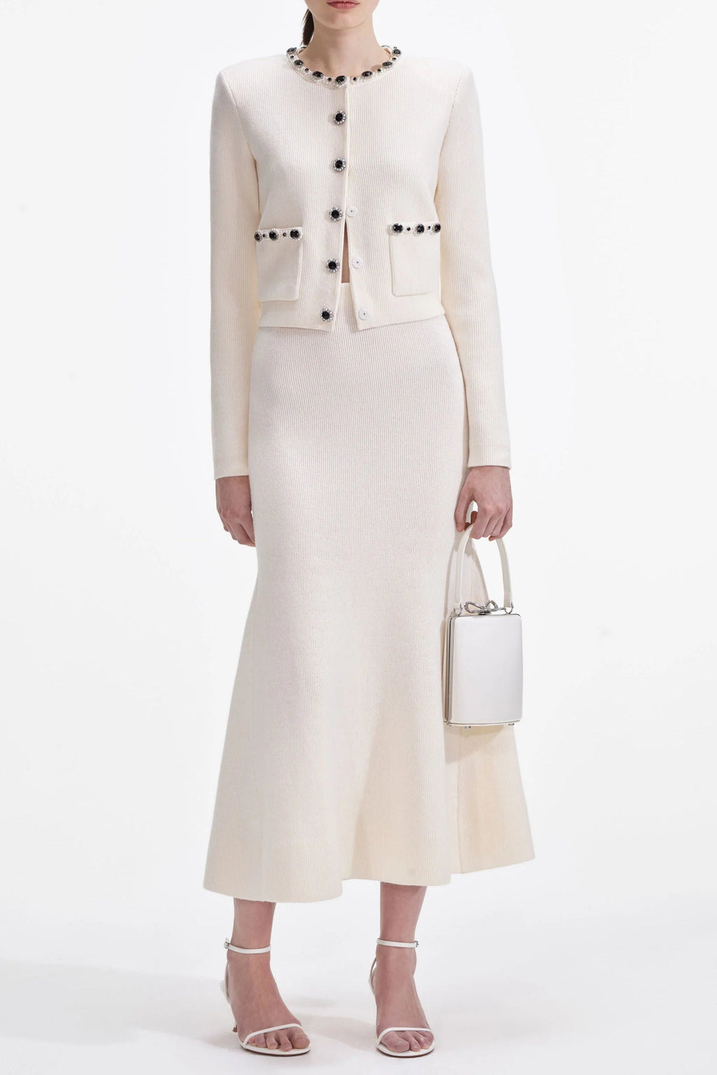 virginia Cream Embellished Cardigan skirt set Avalabel