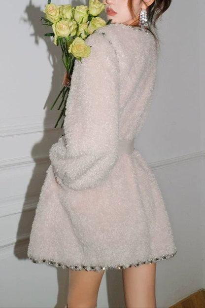 Beige V-Neck Long Sleeve Diamond Stud Coat
