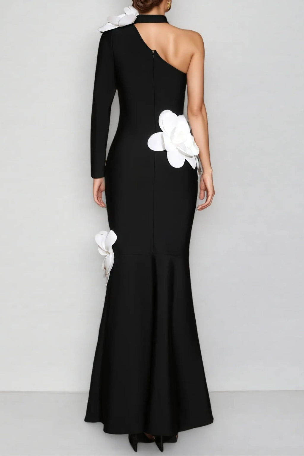 Gemma One Shoulder 3D Flower Bandage Maxi Dress in Black Avalabel