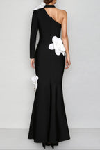 Gemma One Shoulder 3D Flower Bandage Maxi Dress in Black Avalabel