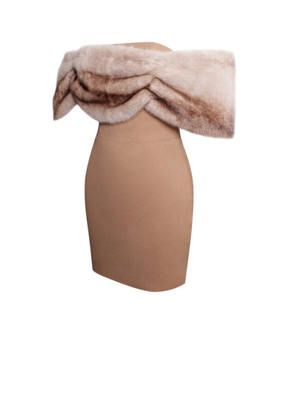 Turmeric Off Shoulder Fur Trim Mini Dress
