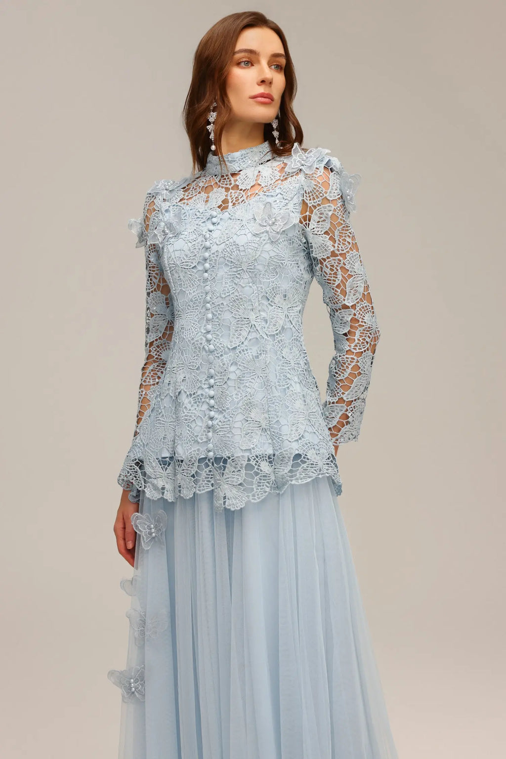 yvette blue Long Sleeve Folds Lace Butterfly Top And Skirt Two-Piece Set Avalabel