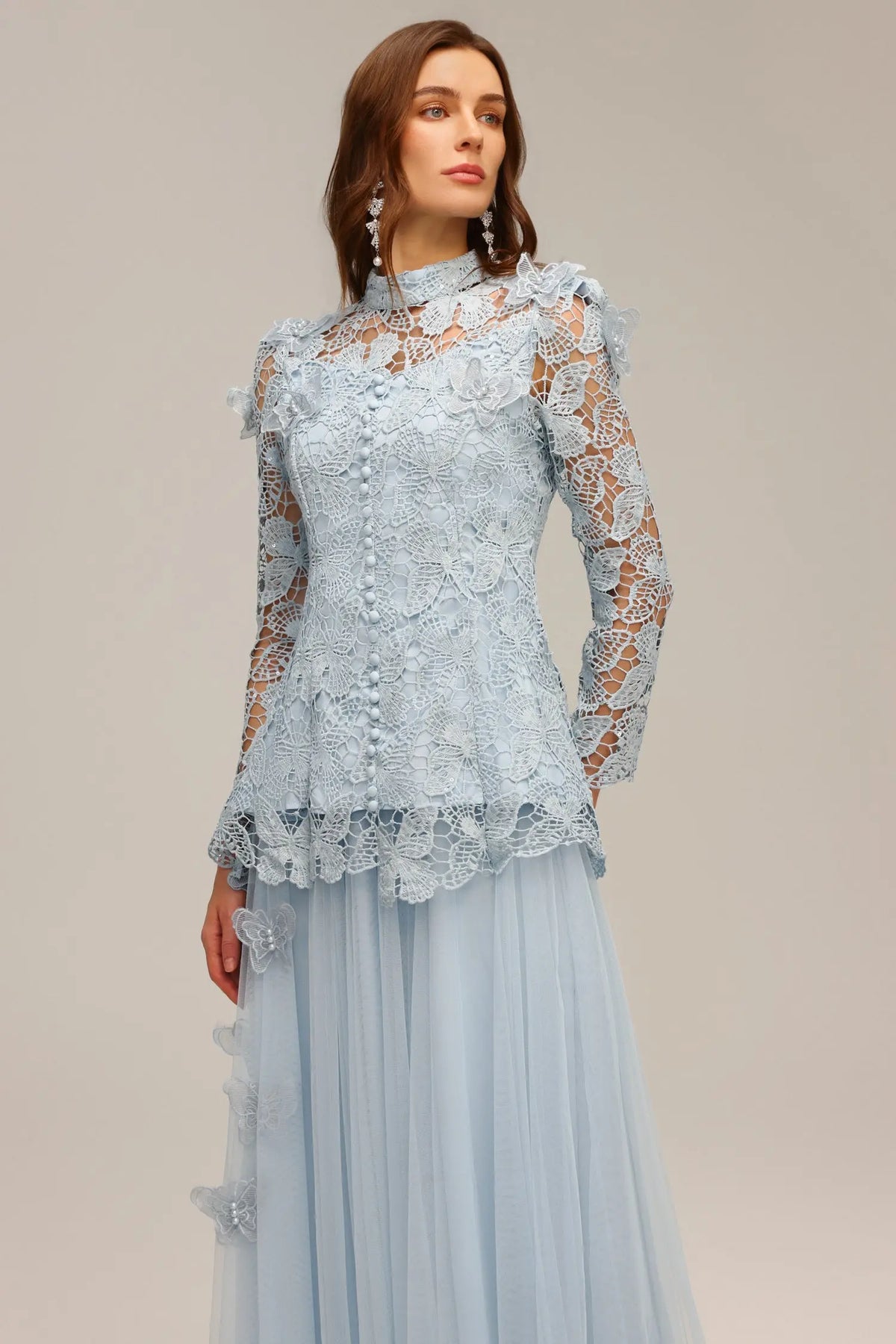 yvette blue Long Sleeve Folds Lace Butterfly Top And Skirt Two-Piece Set Avalabel