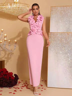 Cynthia 3D Flower V-Neck Sleeveless Bodycon Maxi Dress in Pink Avalabel