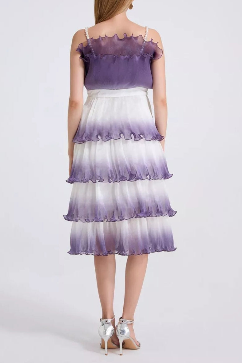 Purple Gradient Pleated Ruffle Trim Layered Mini Dress Avalabel
