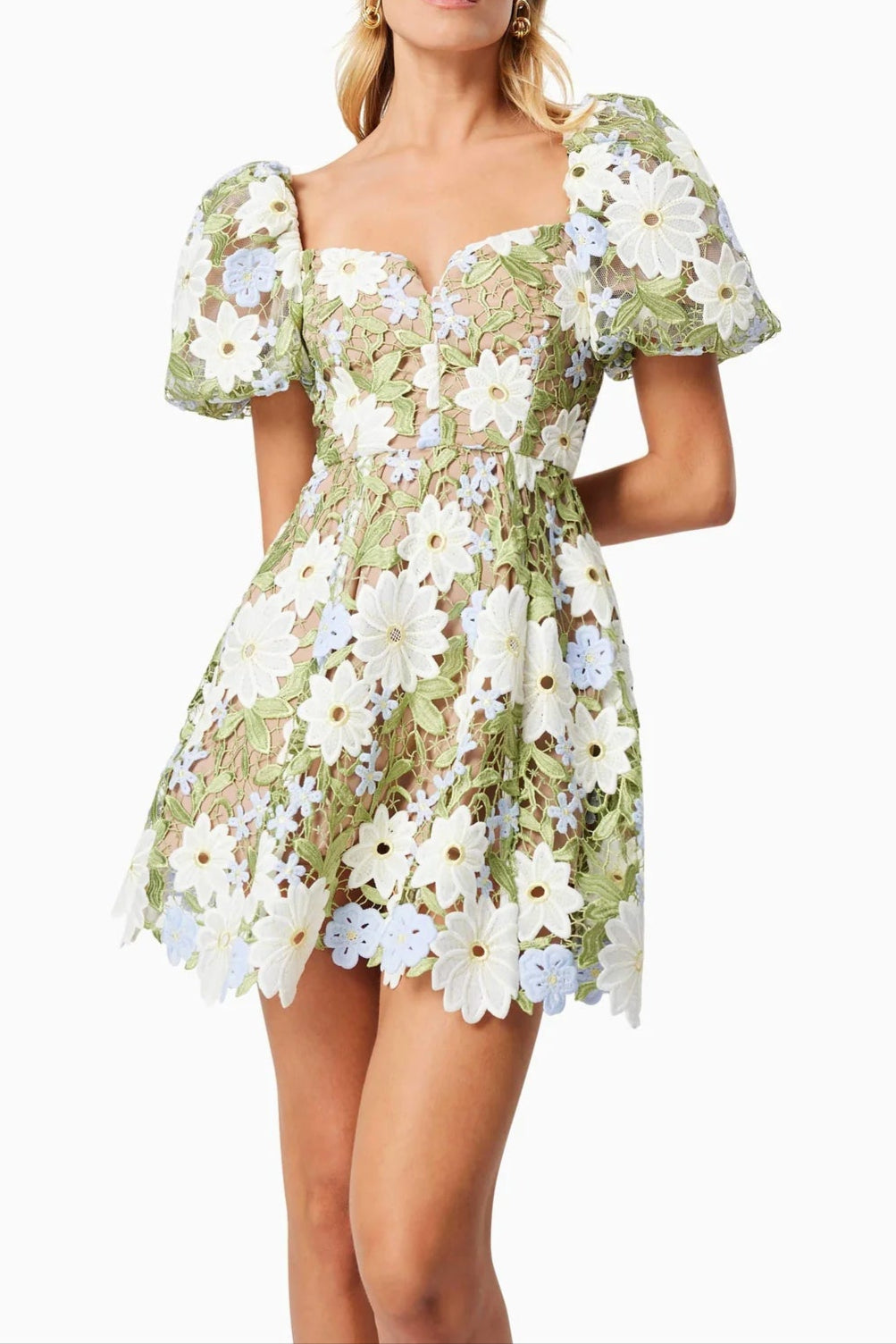 Rebecca Flora Lace Mini Dress in Green Soraya