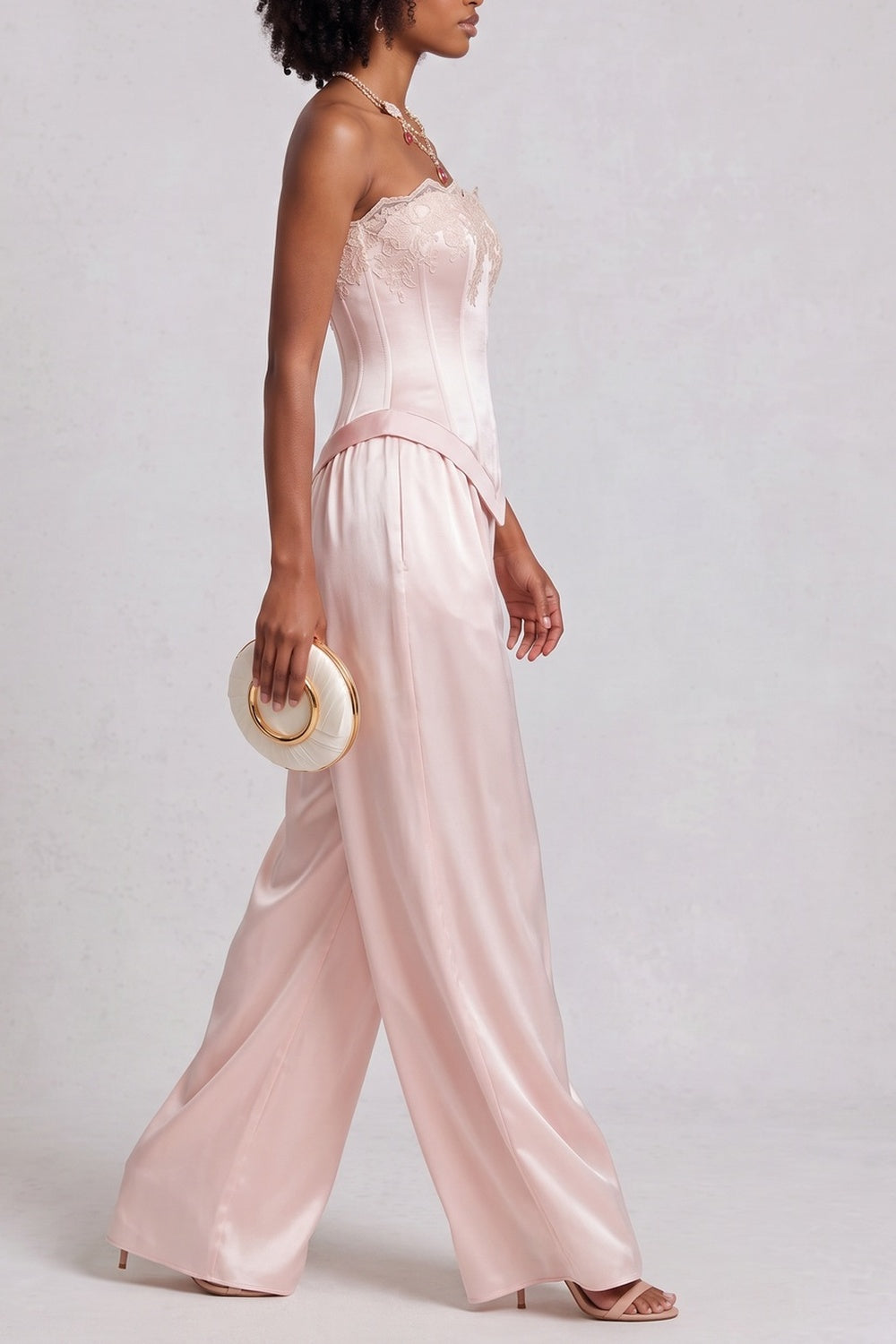 Strapless Lace Trim Satin Top & Wide Leg Pant Co-ord Set poava