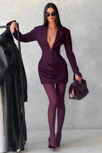 amelia v-neck ruched Blazer Mini Dress in Wine Red Avalabel
