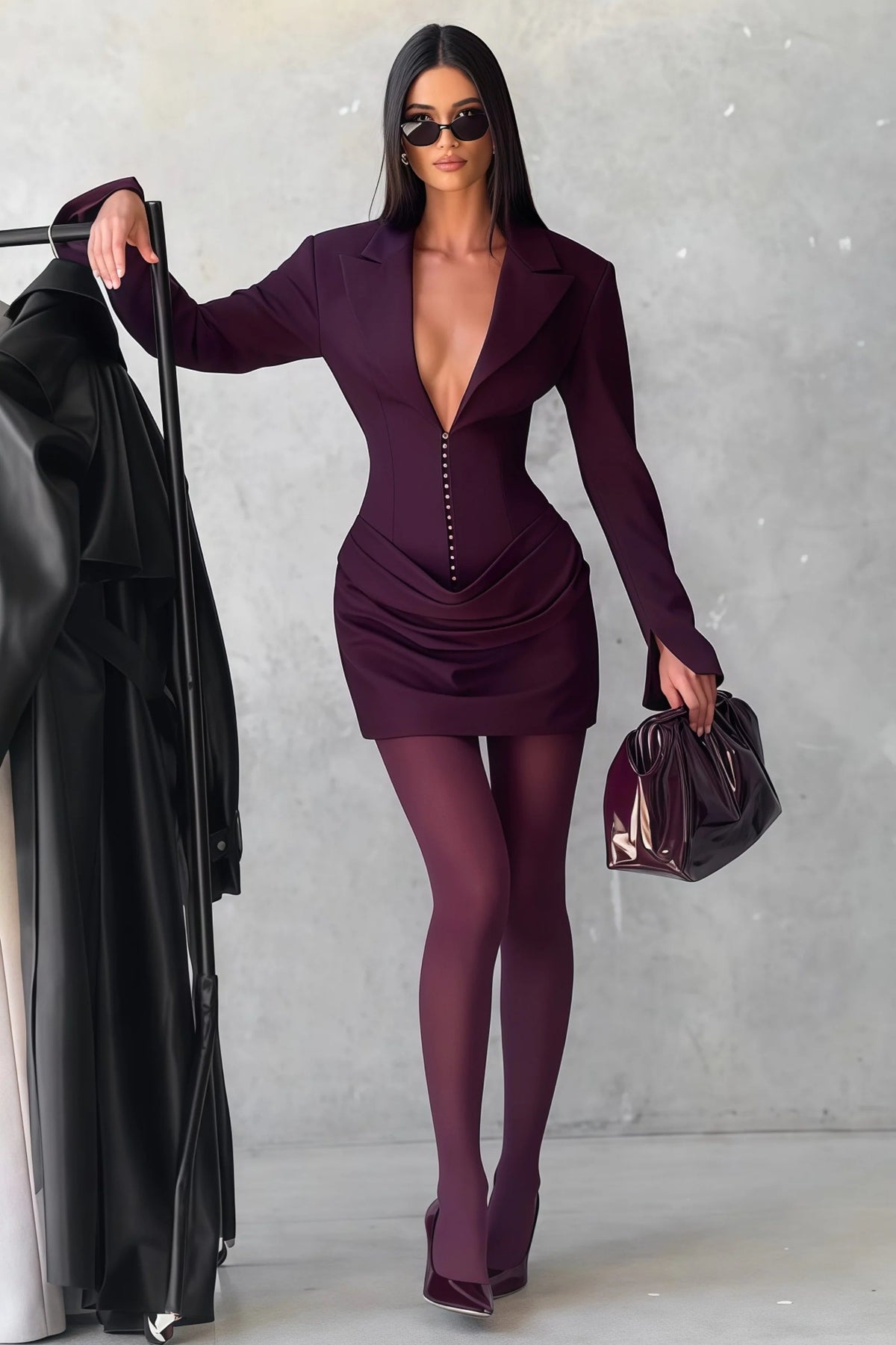 amelia v-neck ruched Blazer Mini Dress in Wine Red Avalabel