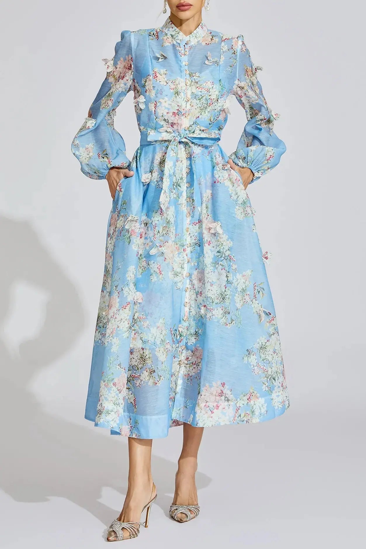 Tiffany Pale Blue Floral Printed Puff Sleeve Maxi Dress Avalabel