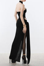 Off-Shoulder Halter Backless Slim Maxi Dress in White Avalabel