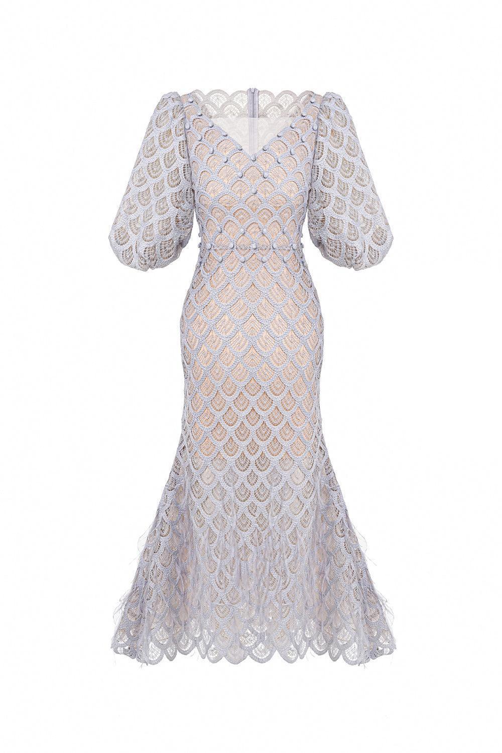 Ciara Trumpet Bishop Sleeved Lace Midi Dress Avalabel