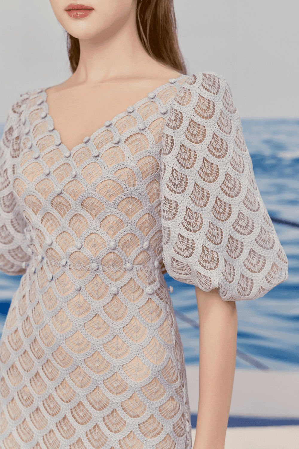 Ciara Trumpet Bishop Sleeved Lace Midi Dress Avalabel