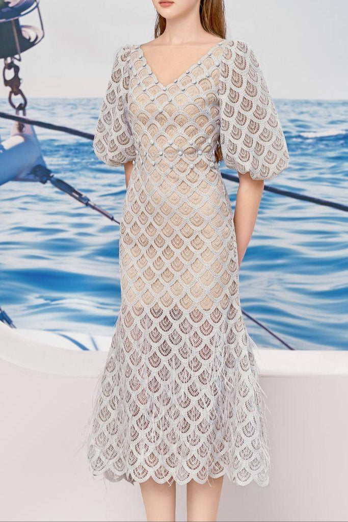 Ciara Trumpet Bishop Sleeved Lace Midi Dress Avalabel