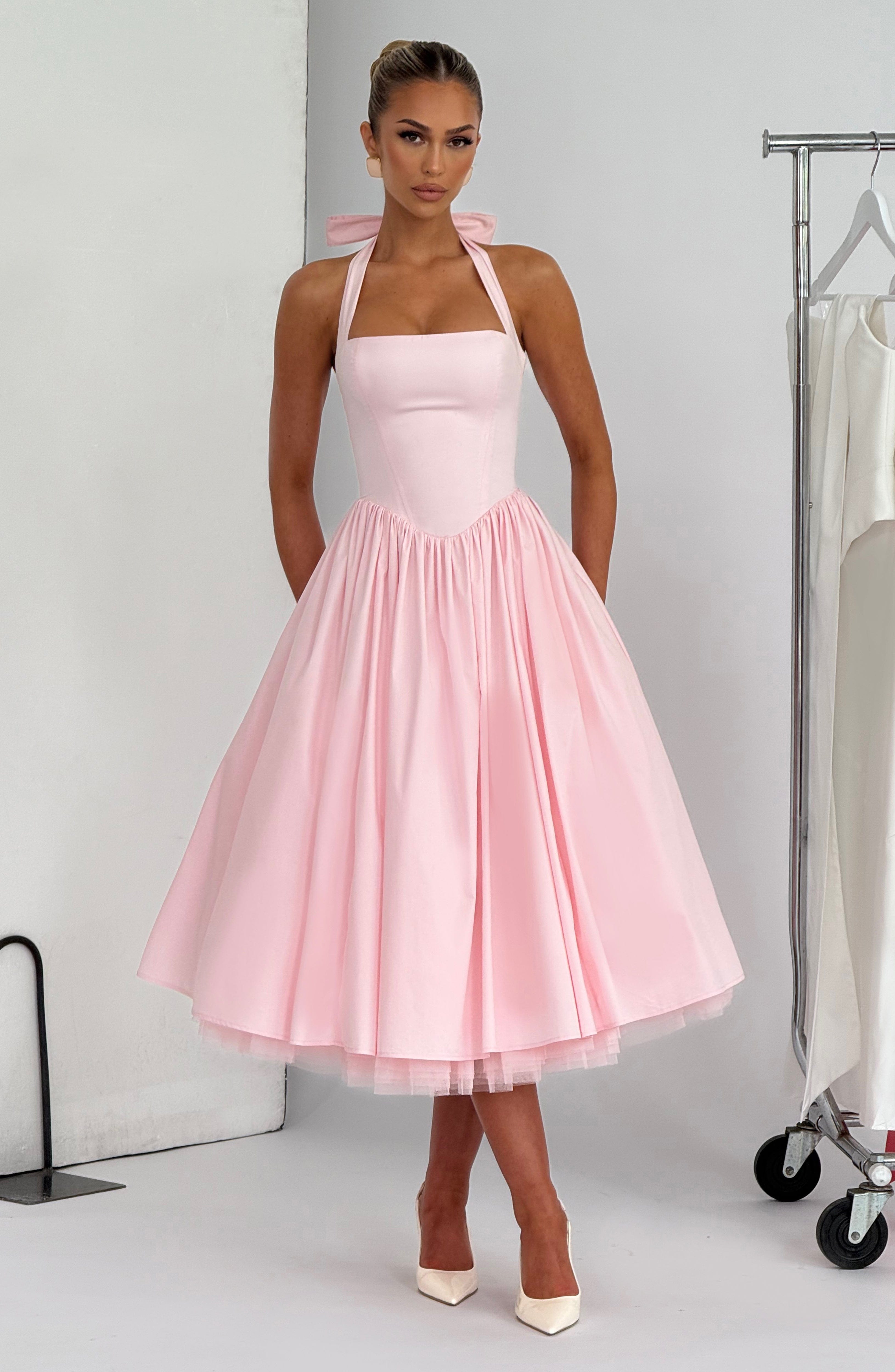 Cressida backless puffy Midi Dress - Blush Avalabel