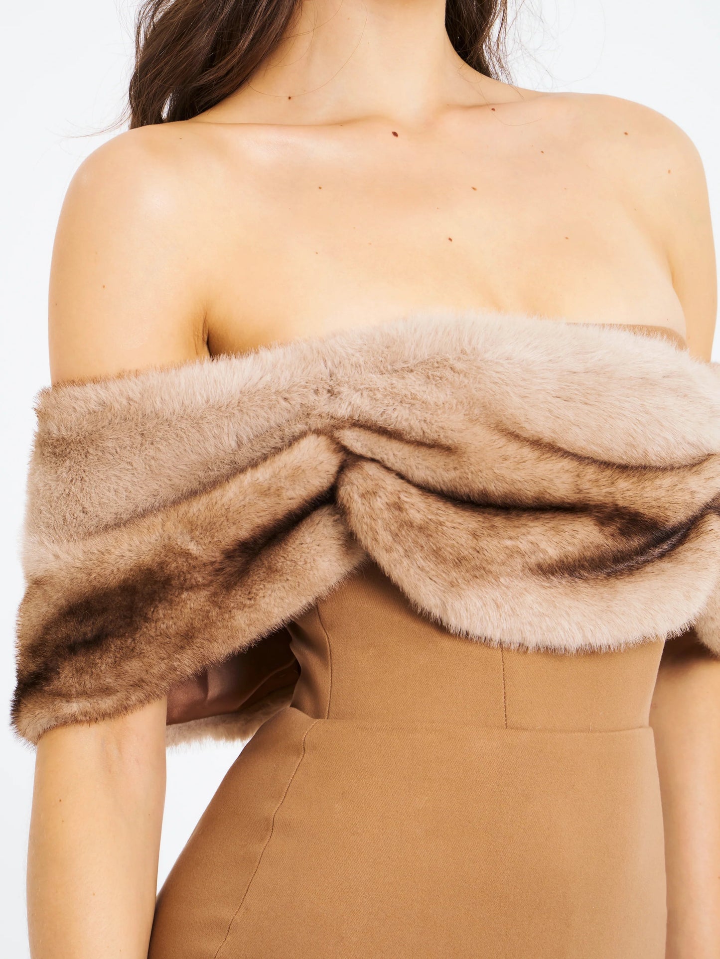 Turmeric Off Shoulder Fur Trim Mini Dress