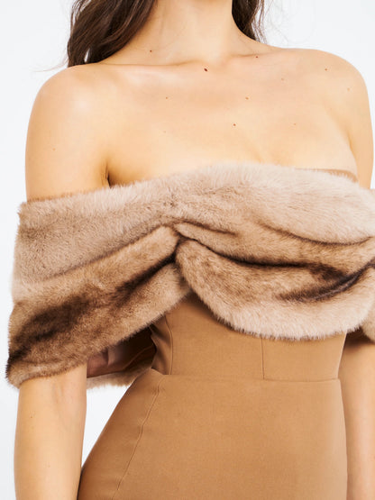 Turmeric Off Shoulder Fur Trim Mini Dress