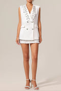 White V-Neck Sleeveless Diamond Midi Suit Top Avalabel