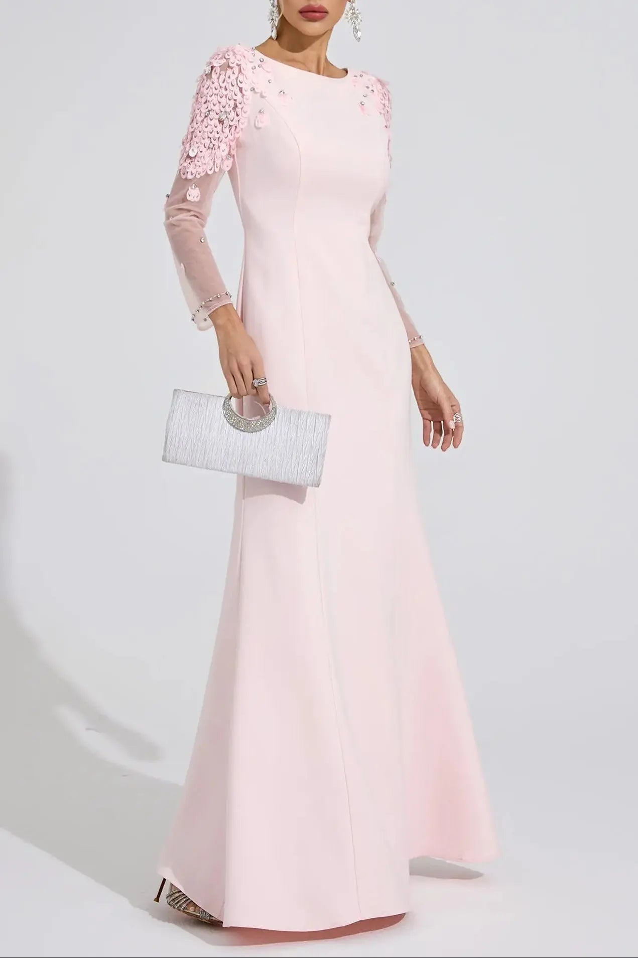 Victoria Pink Sequin Mesh Sleeve Maxi Dress Avalabel