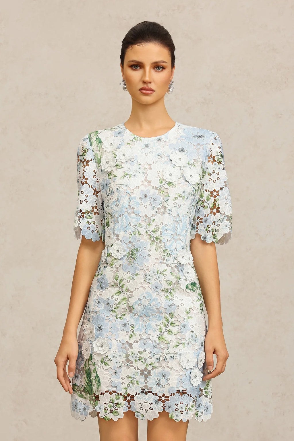 Hazel Floral Printed Lace Mini Dress in Sky Blue Avalabel