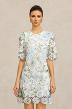 Hazel Floral Printed Lace Mini Dress in Sky Blue Avalabel