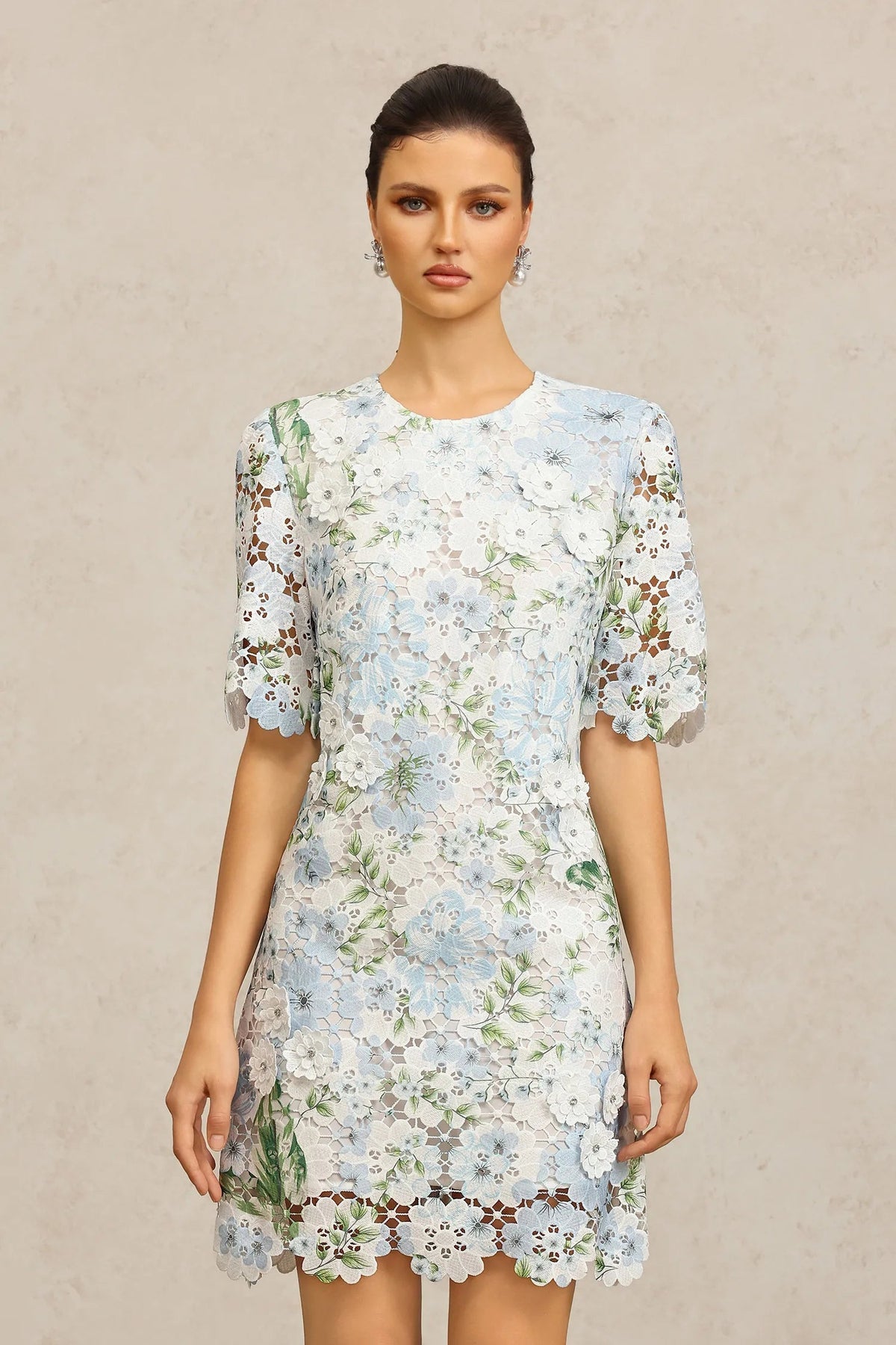 Hazel Floral Printed Lace Mini Dress in Sky Blue Avalabel