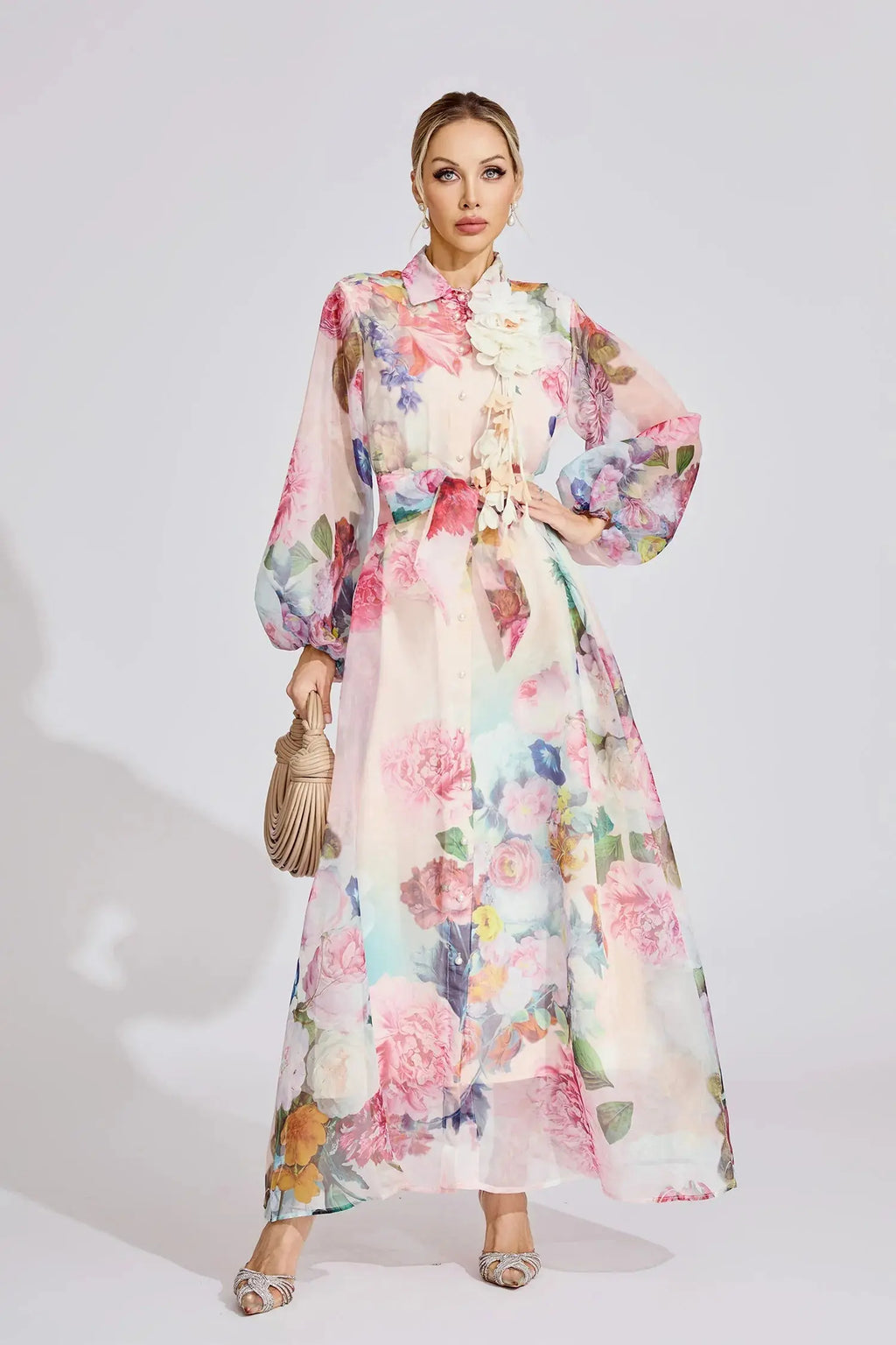 Vivien Pink Floral Printed Lantern Sleeve Maxi Dress Avalabel