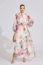Vivien Pink Floral Printed Lantern Sleeve Maxi Dress Avalabel