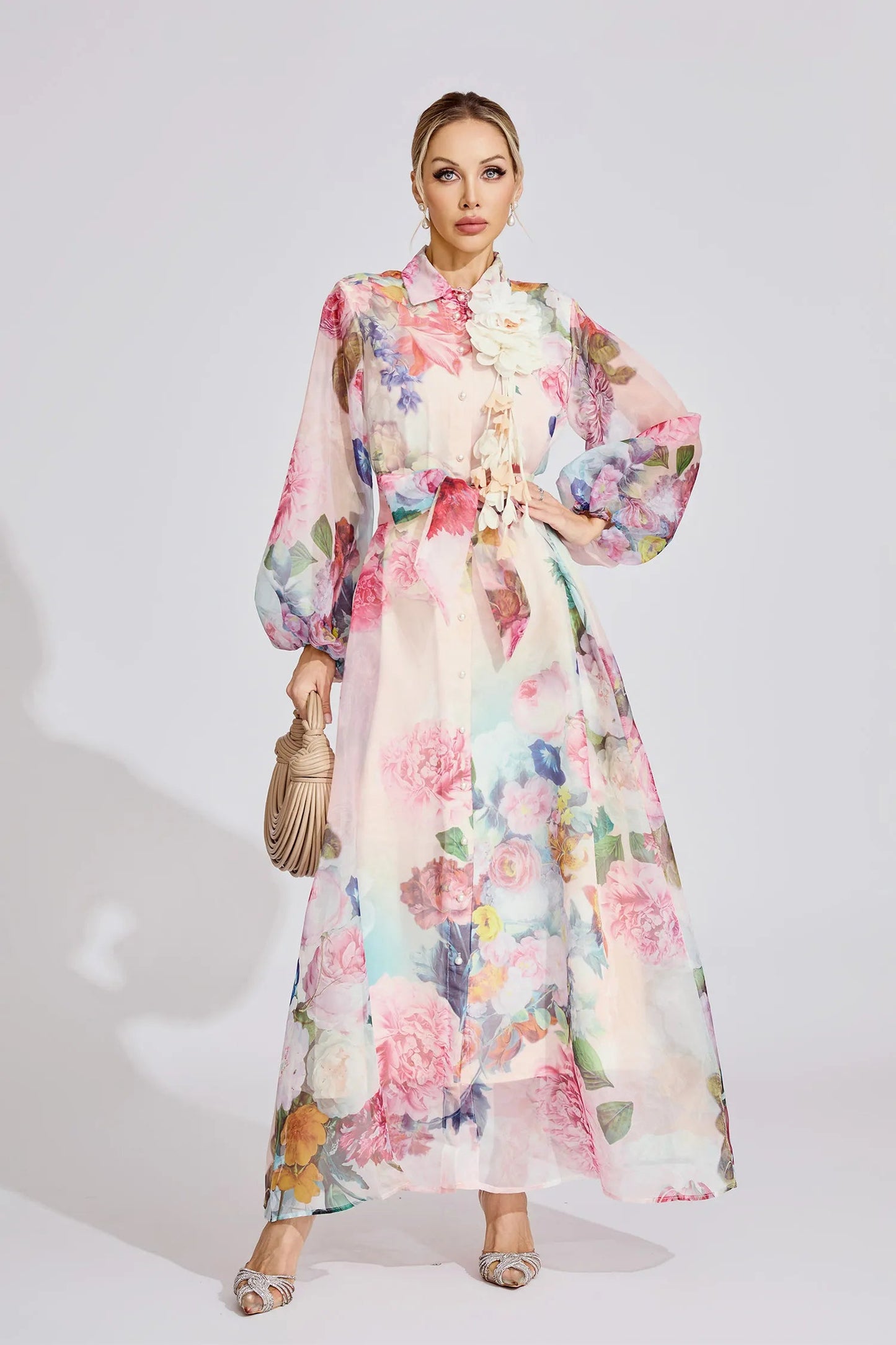 Vivien Pink Floral Printed Lantern Sleeve Maxi Dress