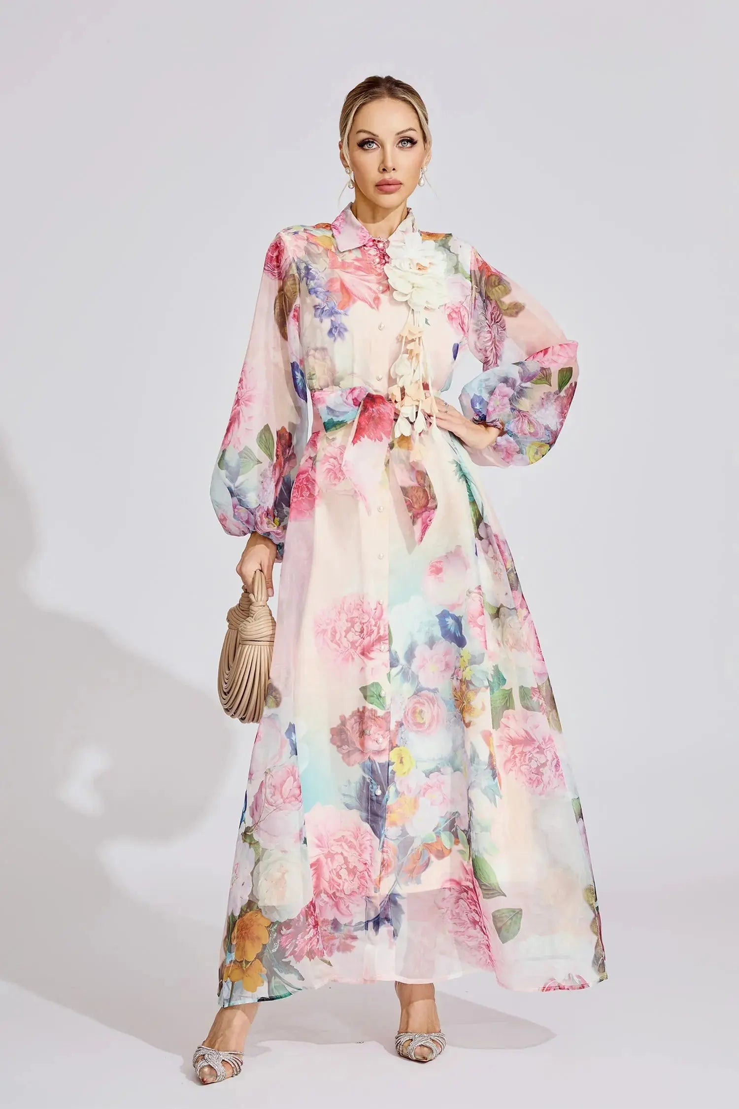 Vivien Pink Floral Printed Lantern Sleeve Maxi Dress Avalabel