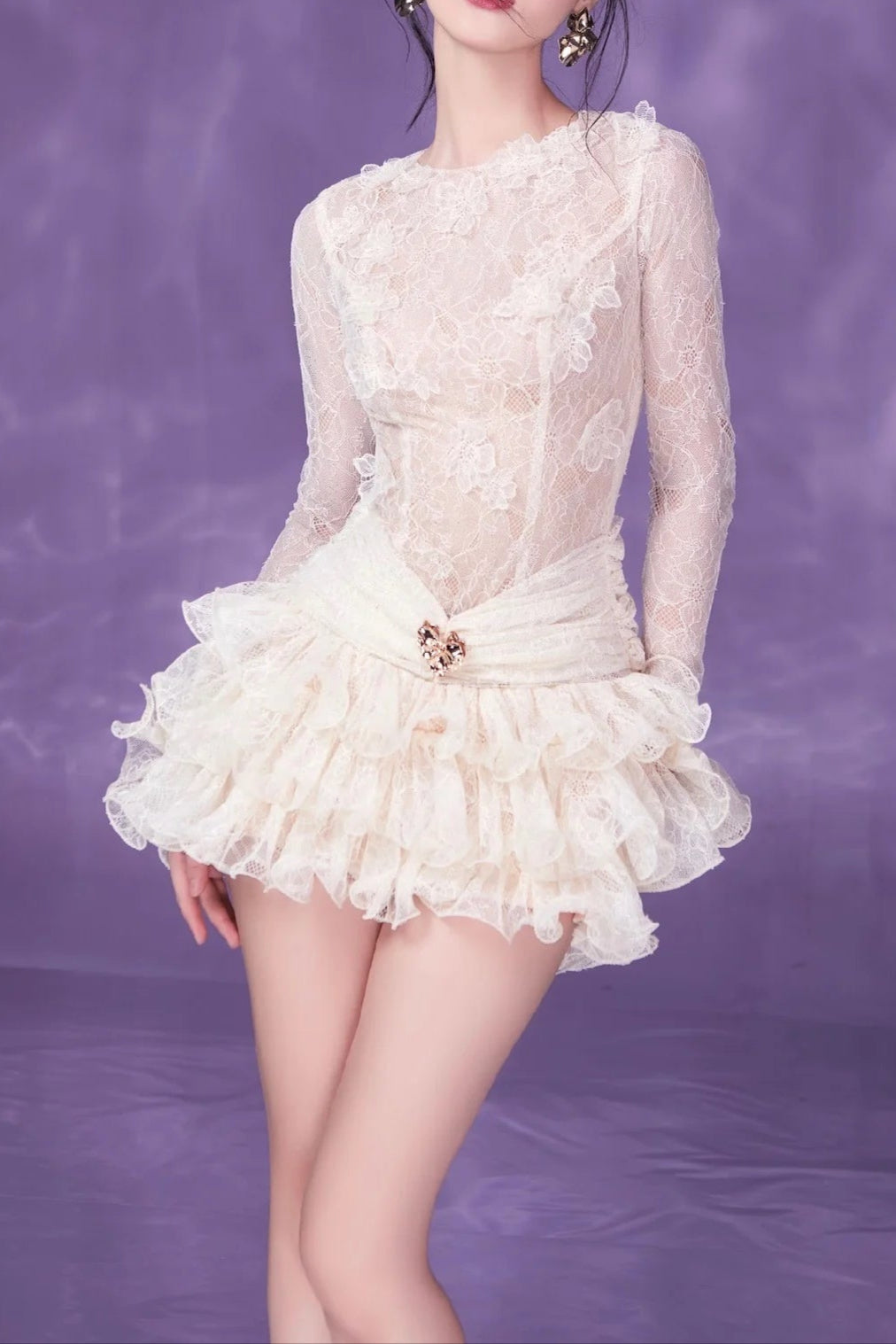 Eudora Lace Embroidery Ruched Trim Mini Dress in White Avalabel