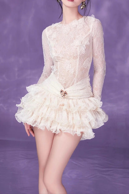 Eudora Lace Embroidery Ruched Trim Mini Dress in White