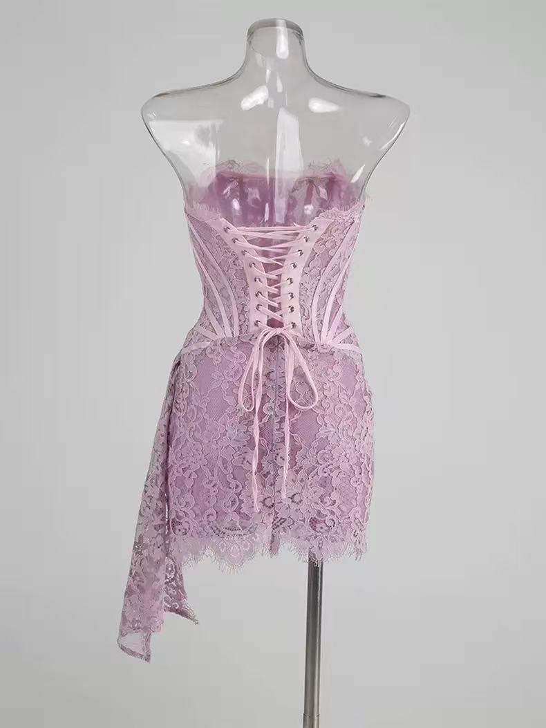 Kellie Strapless Lace Appliques Mini Dress In Light Purple Avalabel