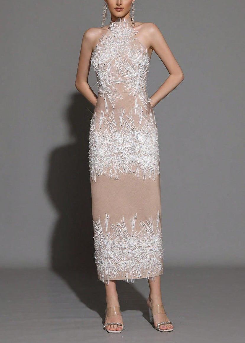 Pandora Sleeveless Beaded Tassel Sequin Bandage Maxi Dress - Khaki