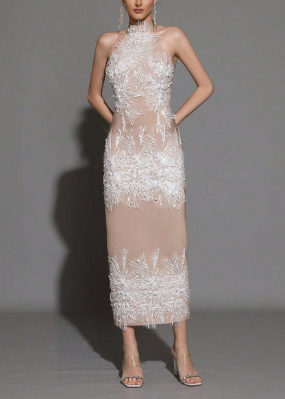 Pandora Sleeveless Beaded Tassel Sequin Bandage Maxi Dress - Khaki