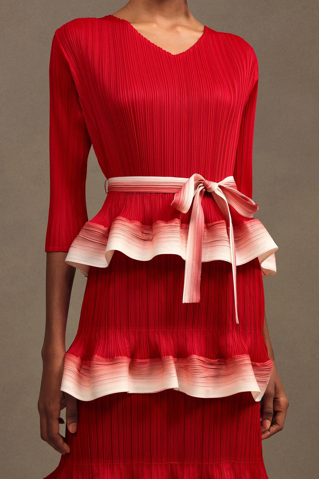 victoria Pleated Round Neck Long Sleeve Falbala Woven Maxi Dress in red Avalabel